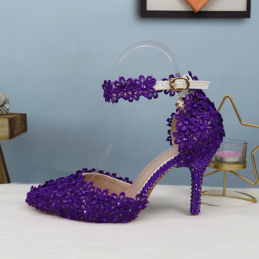 Matching Shoes and Bags: Purple Lace Flower Wedding Shoe And Bag Set Crystal Heels