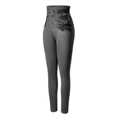Push Up Seamless High Waist Faux Denim Leggings Women Casual Elastic Pocket Jeans