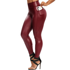 Winter Black Leather Leggings Women Skinny Push Up High Waist Legging Pockets