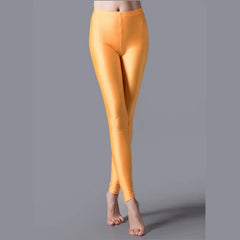 Women Shiny Pants Leggings Solid Color Fluorescent Spandex