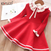 Children warm Sweater dress for girls infant casual pure color Pleated princess