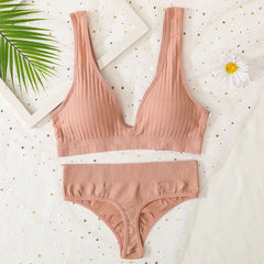 Seamless Underwear Set Women Sport Lingerie Set Wireless Deep V Bra