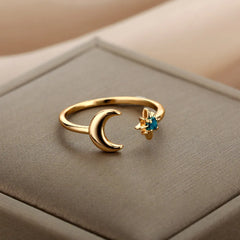 Zircon Moon Star Rings For Women Stainless Steel Glowing Moon Star Adjustable Finger