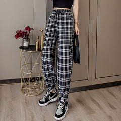 Pants Women Bunch of feet Fashion Loose Black Plaid Summer