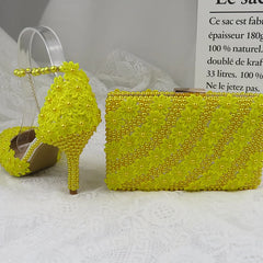 Matching Shoes and Bags: Yellow Flower Wedding Shoes With Matching Bags High Heels
