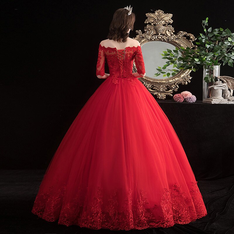 White Bridesmaid Dresses: Half-sleeve Red Wedding Dress Lace Up Bride Plus Size