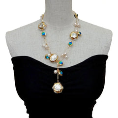 Blue Murano Glass Freshwater Cultured White Keshi Pearl Gold Filled Chain