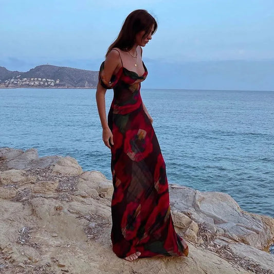 Fashion Print Mesh See Through Slip Maxi Dresses Women
