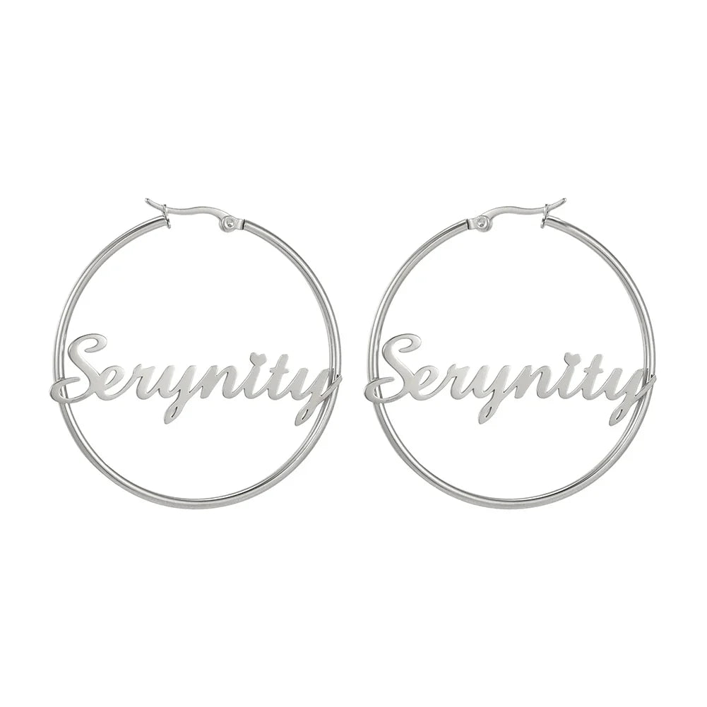 Sipuris Stainless Steel Personalized Customize Name Hoop Earrings Jewelry For Women Girls Circle Earring Fashion 30-60 MM