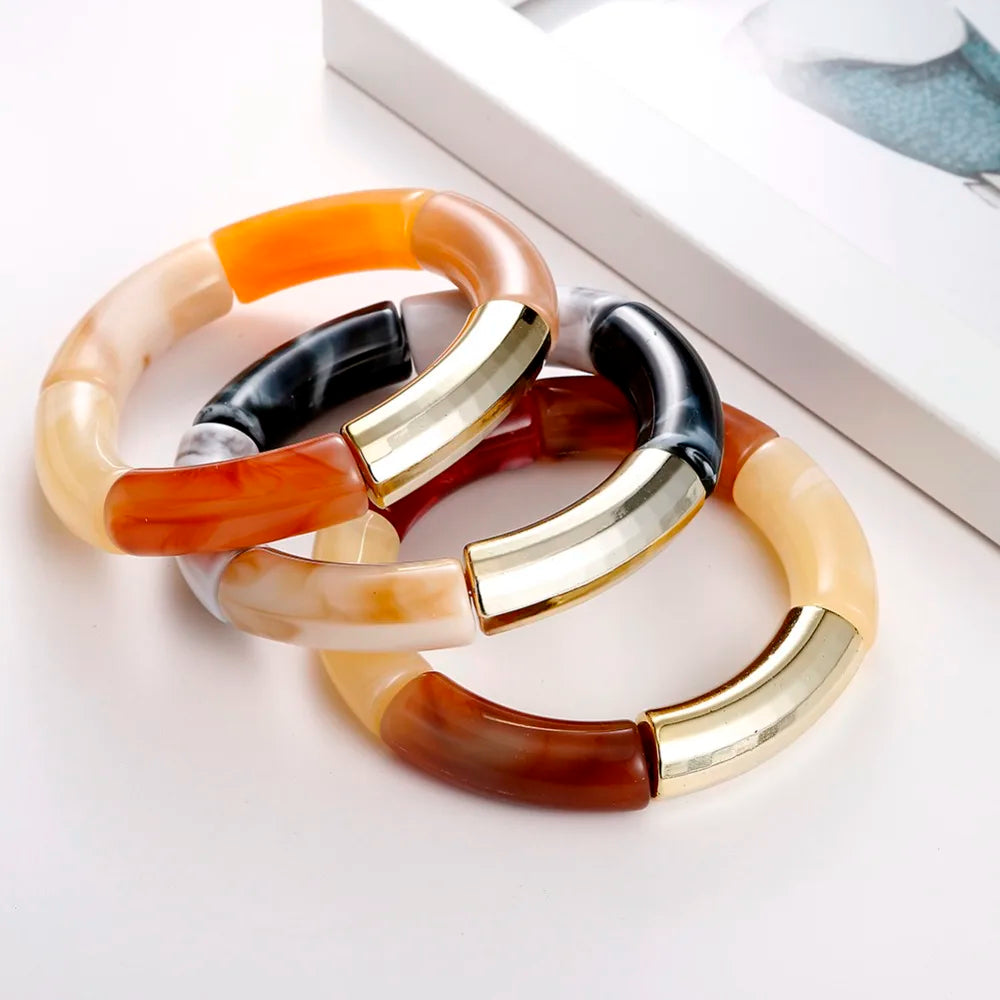 Fashion Acrylic 4PCS/Set Resin Amber Bamboo Bead Elastic Bracelet Bangles Tube Beads Handmake 2024 Trendy Designer Bracelet Set