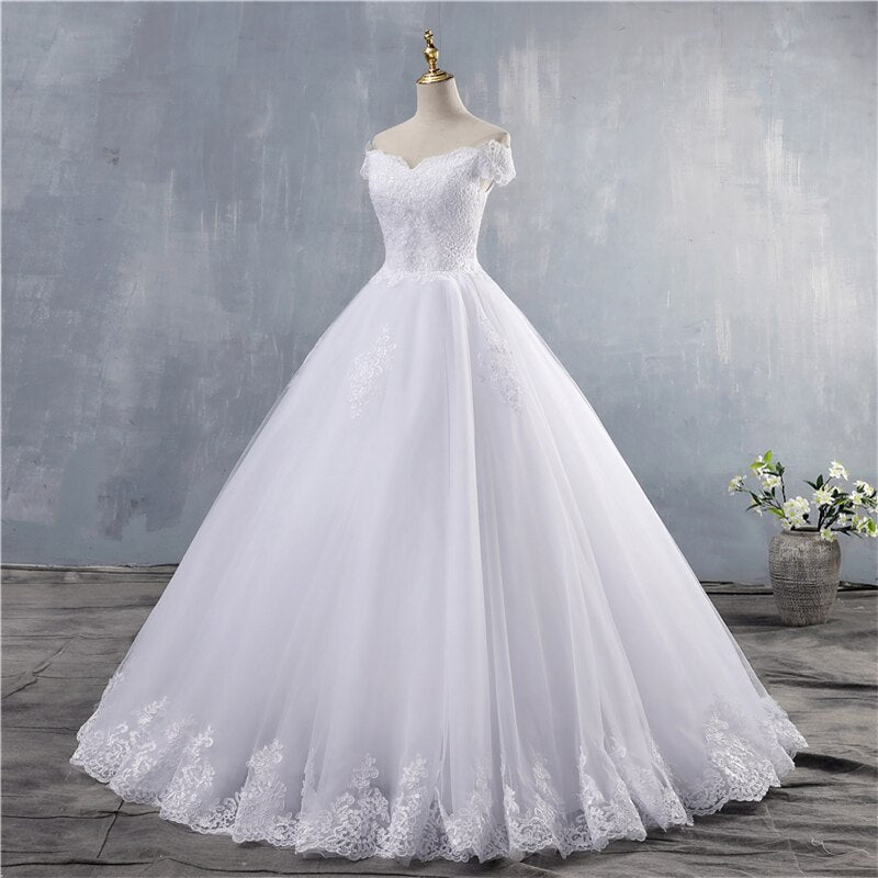 White Bridesmaid Dresses: White Ivory Lace Appliques Ball Gown Off The Shoulder