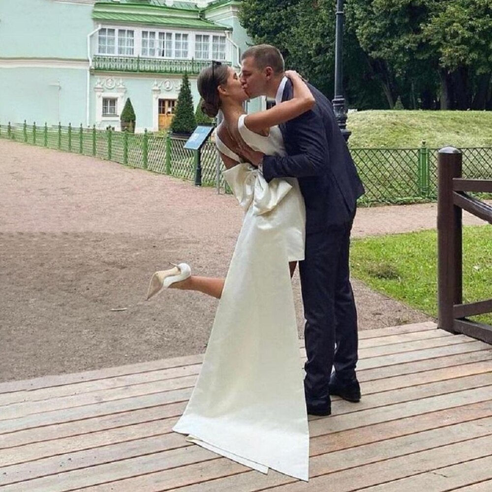 White Bridesmaid Dresses: V Neck Bridal Gown Large Bow Custom Made Plus Size