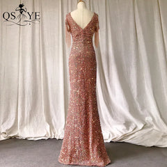 Evening wear Dresses: Beading Side Sleeves Gold Sequin Prom Gown