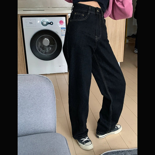 Vintage High Waist Women Black Jeans Korean Fashion Streetwear Wide Leg Jean