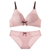 Deep V Linen Cotton Embroidery Wire Free Push Up Bra Set Panties Bow Padded