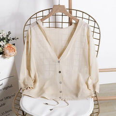 Hooded Thin Sweater Cardigan Women Silk Linen Spring Summer Lace Up V-neck Short