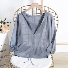 Hooded Thin Sweater Cardigan Women Silk Linen Spring Summer Lace Up V-neck Short