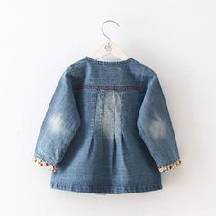 Fashion Children Baby Floral Button Patchwork Denim Blue Long Jacket For kids Girls