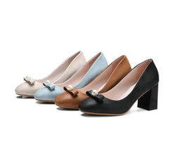 Dousin Partin Bow Tie Women Pumps Square High Heel Platform Beading Round Toe