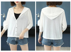 Hooded Thin Sweater Cardigan Women Silk Linen Spring Summer Lace Up V-neck Short