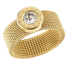 Gold Color Stainless Steel Ring Big Round Crystal Mesh Finger Ring Roman