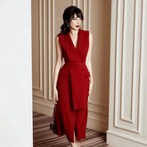 High-end Red V-Neck Sleeveless Lace-up Blazer Dress