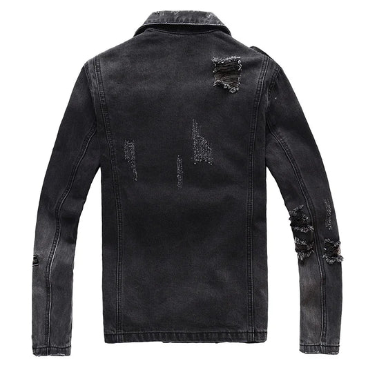 Men's zippers black denim jean biker jacket for motorcycle Vintage epaulet holes coat