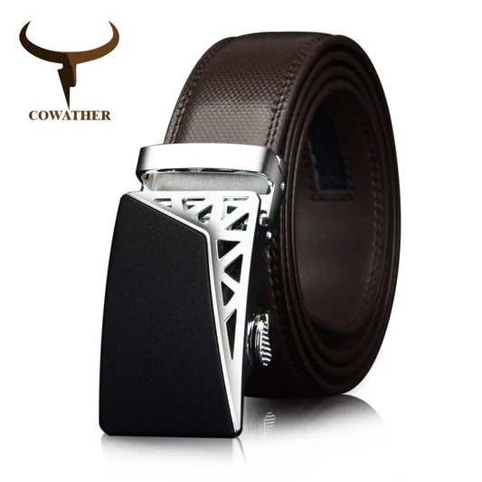 COWATHER Genuine Leather belts for men Automatic Ratchet Buckle Fashion casual Leather belts Waist 30-44 BROWN BLACK CZ052