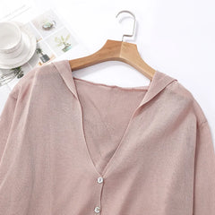 Hooded Thin Sweater Cardigan Women Silk Linen Spring Summer Lace Up V-neck Short