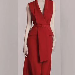 High-end Red V-Neck Sleeveless Lace-up Blazer Dress