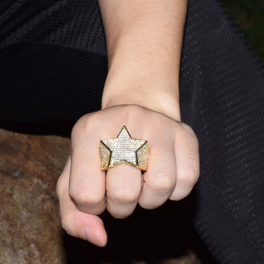 Bubble Letter Men Star Rings Charm Gold Color Full Zircon Fashion Hip Hop Rock