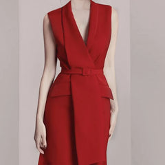 High-end Red V-Neck Sleeveless Lace-up Blazer Dress