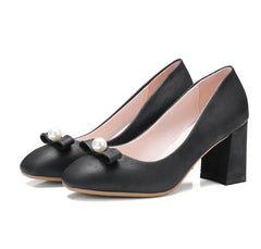 Dousin Partin Bow Tie Women Pumps Square High Heel Platform Beading Round Toe