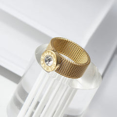 Gold Color Stainless Steel Ring Big Round Crystal Mesh Finger Ring Roman