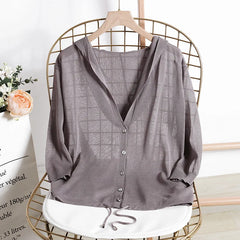 Hooded Thin Sweater Cardigan Women Silk Linen Spring Summer Lace Up V-neck Short