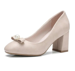 Dousin Partin Bow Tie Women Pumps Square High Heel Platform Beading Round Toe
