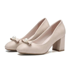 Dousin Partin Bow Tie Women Pumps Square High Heel Platform Beading Round Toe