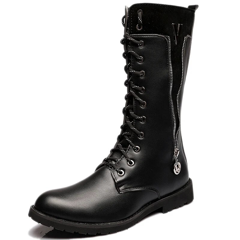Men Black Leather Military Boots Combat Boots Belt Buckle Punk Martin Motorcycle Boots
