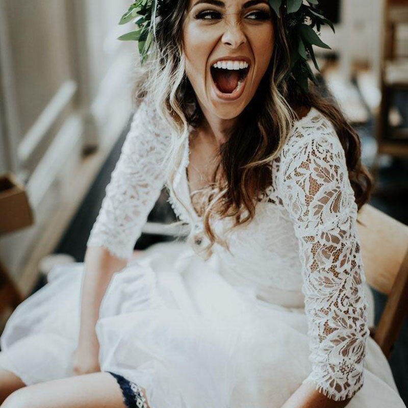 White Bridesmaid Dresses:Wedding Dress 3/4 Long Sleeves A Line White Ivory Chiffon