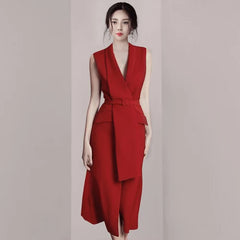 High-end Red V-Neck Sleeveless Lace-up Blazer Dress
