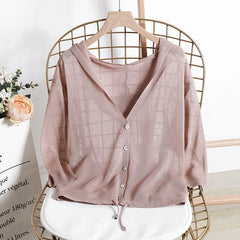 Hooded Thin Sweater Cardigan Women Silk Linen Spring Summer Lace Up V-neck Short