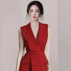 High-end Red V-Neck Sleeveless Lace-up Blazer Dress