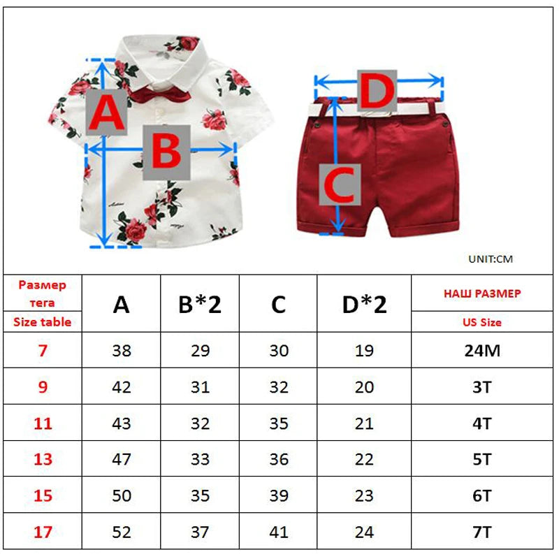 Boys Clothing Sets Summer Gentleman Suits Short Sleeve Shirt + Shorts + Belt 3PCS Kids Clothes Children Set for 1-7 Years