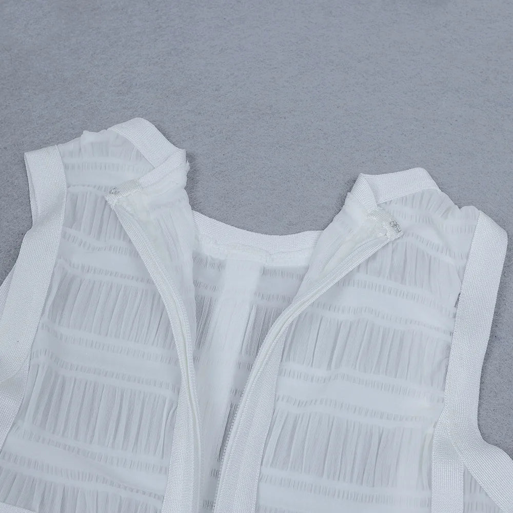 Evening Dresses: White Sleeveless Tassel Hollow Out Bodycon Rayon Bandage Dress