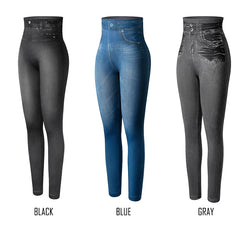 Push Up Seamless High Waist Faux Denim Leggings Women Casual Elastic Pocket Jeans
