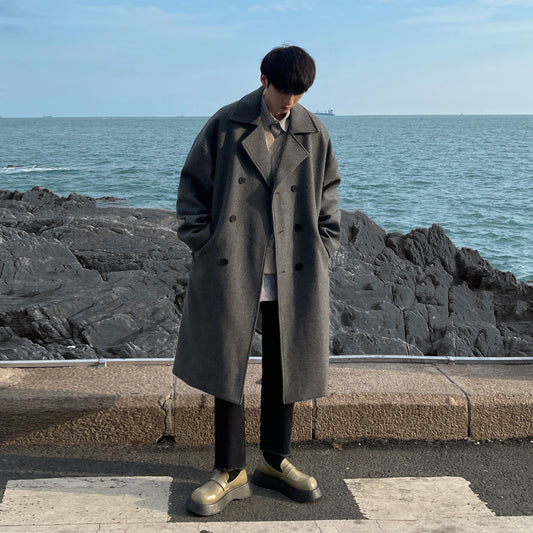 Long Dust Coat Men Winter Korean-style Trench Mens Solid Double Breasted Woolen