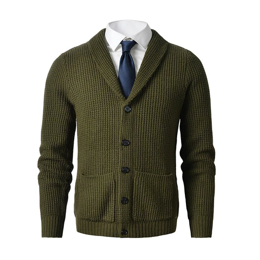 Men's Shawl Collar Cardigan Sweater Slim Fit Cable Knit Button up Sweater with Pockets