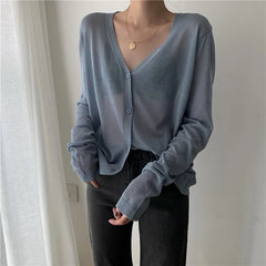 Cardigan Shirt Women Tops Korean Long Sleeve Cardigan Summer Tops V Neck