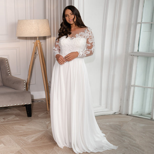White Bridesmaid Dresses: Chiffon Plus Size Wedding Dresses Scoop Neck Long Sleeves