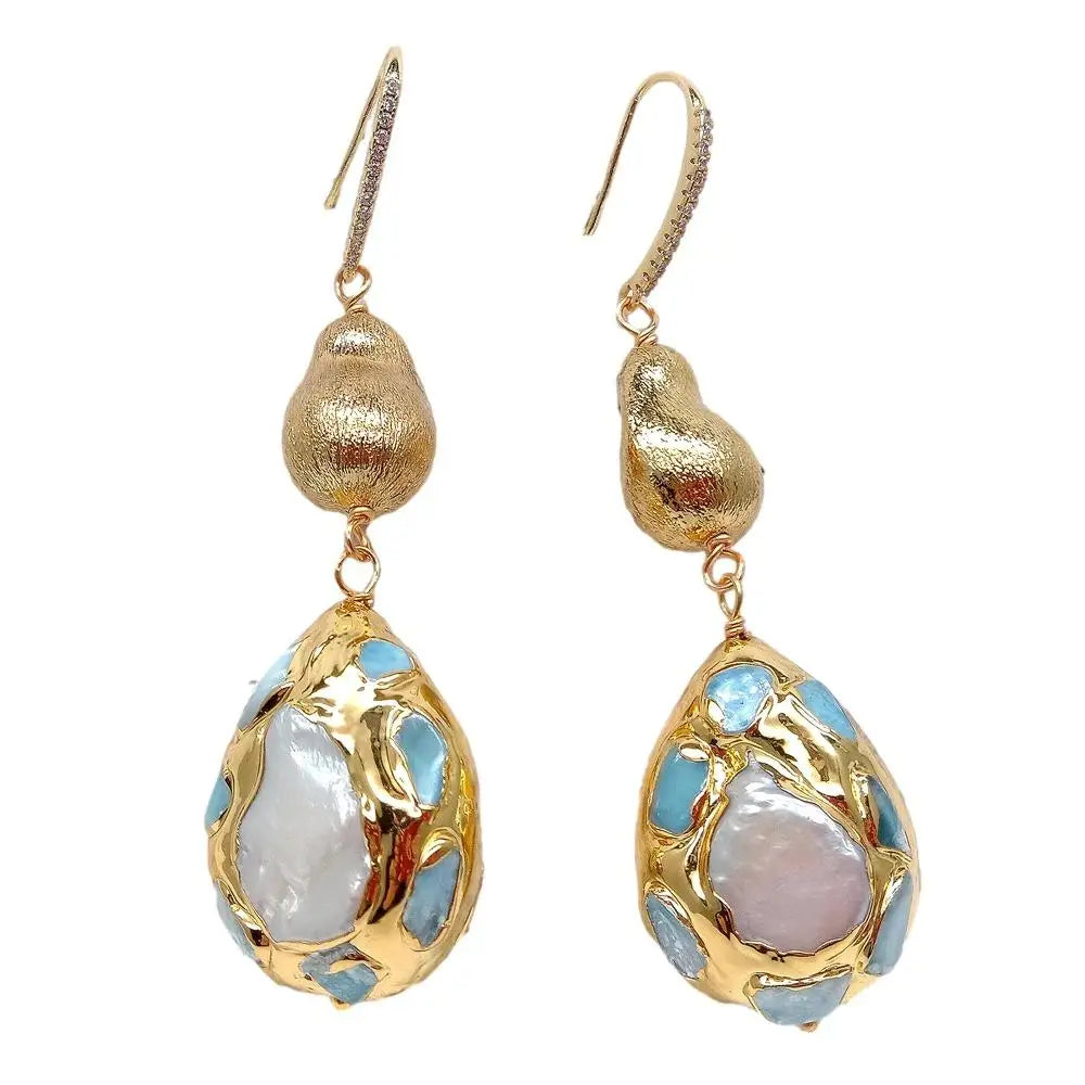 Y·YING natural Cultured White Pearl Teardrop Shape Blue larimar Pave Brushed Bead Dangle Hook Earrings